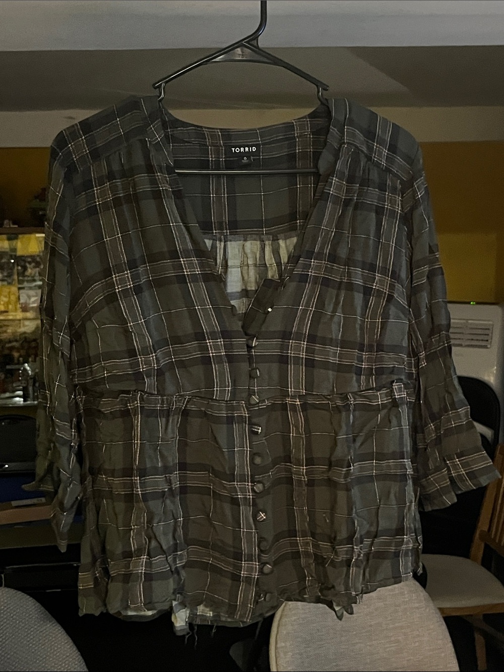 Torrid Black & Olive Plaid Button-Front Peplum Blouse